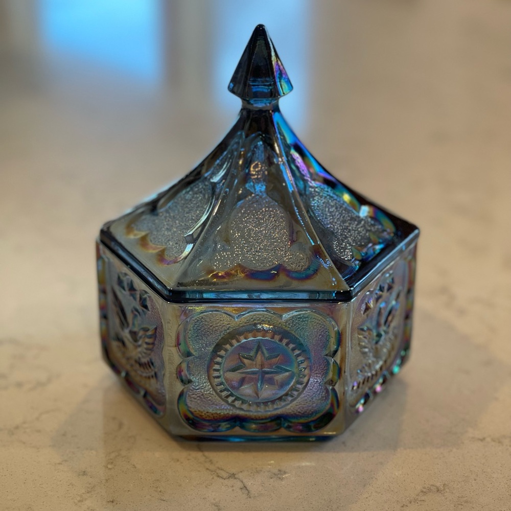 Vintage Indiana Glass Iridescent Carnival Glass Lidded Candy Dish
